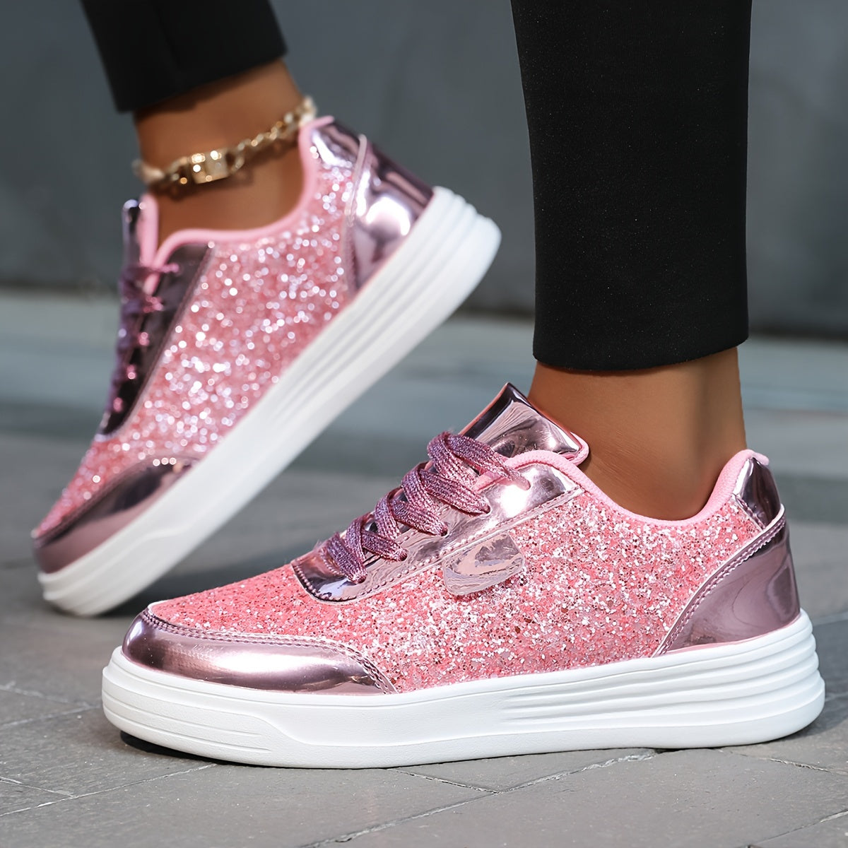 Women'S Glittery Sequin Sneakers - Golden & White Low-Top Lace-Up Casual Skate Shoes with MD Sole, Fabric Insole, and Synthetic Upper for All Season