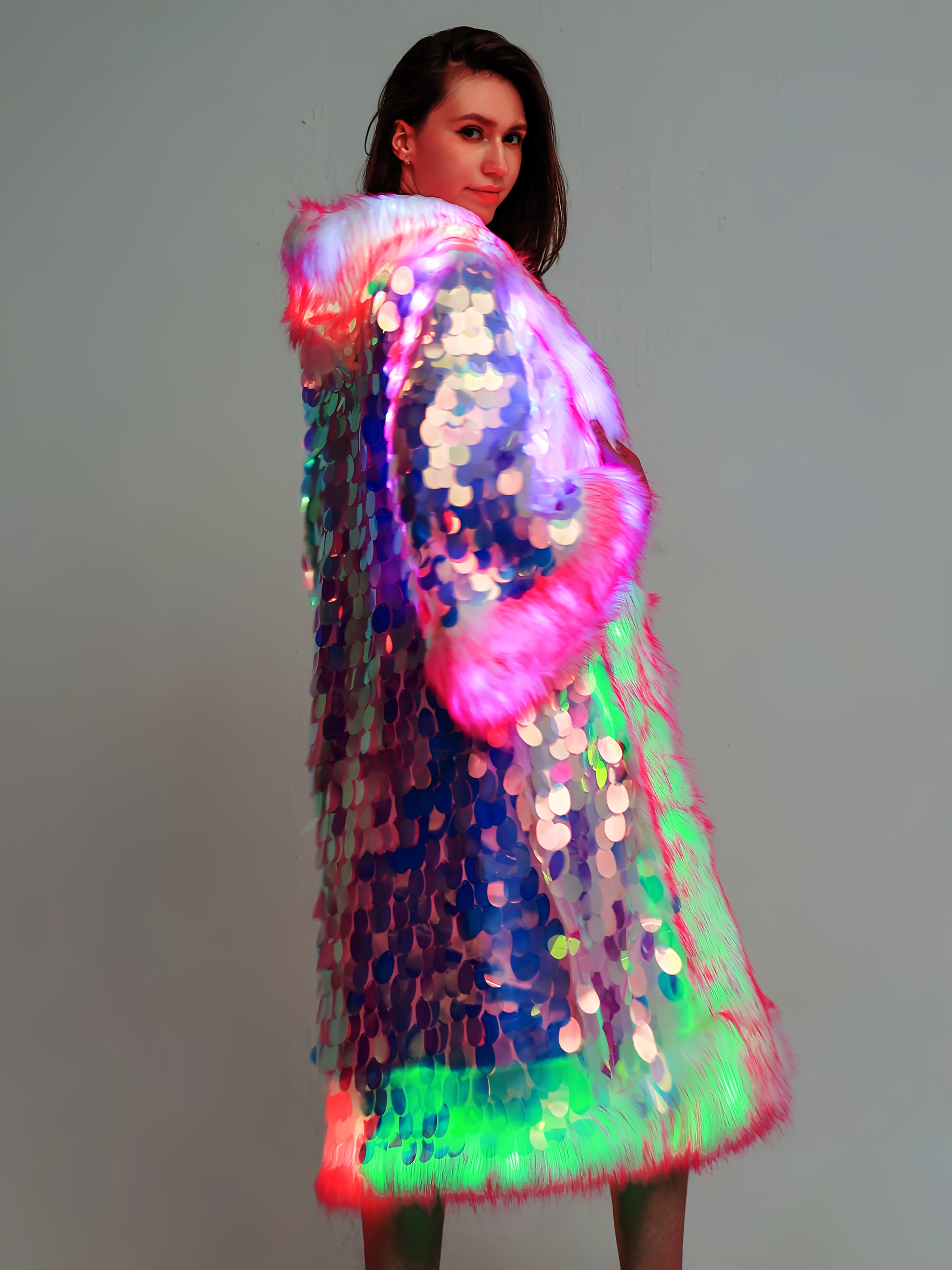 Women's LED Sequin Faux Fur Coat - Long Hooded Festival & Cosplay Outfit, USB-Powered, Flare Sleeves, Mermaid Tail Design, Vibrant Pink to Blue Gradient (Batteries Not Included), Cosplay Costume | Sequin Embellished | LED Lit
