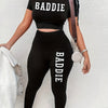 8790B185 European and American Women's Casual Motorcycle Two-piece Set with Letter Print, Tight Short Shirt and Long Pants Sexy Leisure Outdoor Suit