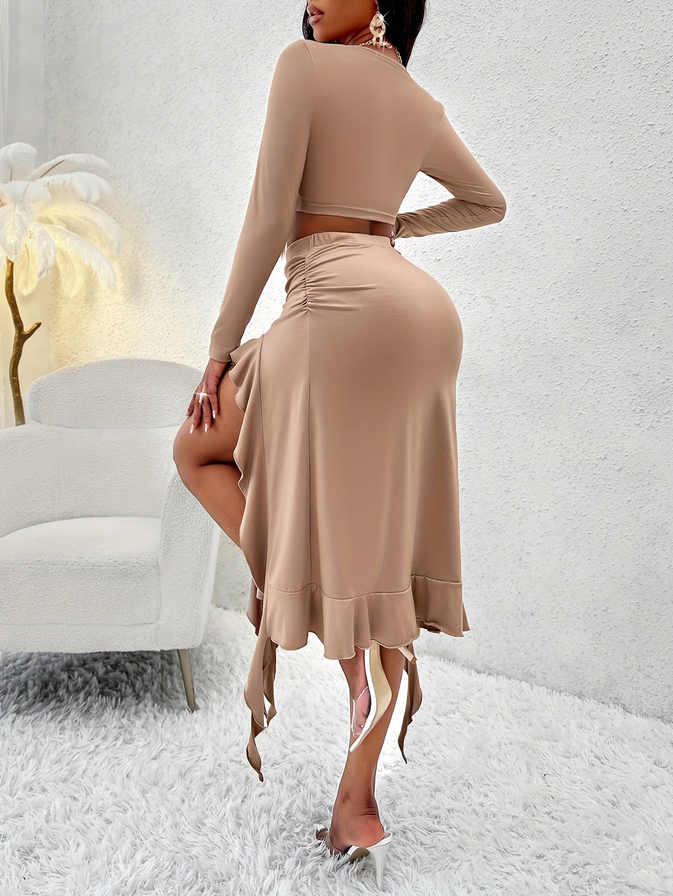 Elegant Solid Color Women's Outfit - Long Sleeve Crew Neck Top & Ruffle Hem Skirt Set, Stretchy Polyester Blend, Machine Washable - Perfect for Spring/Summer - For Women - Suitable for Casual Occasions - Great Gift for Birthd