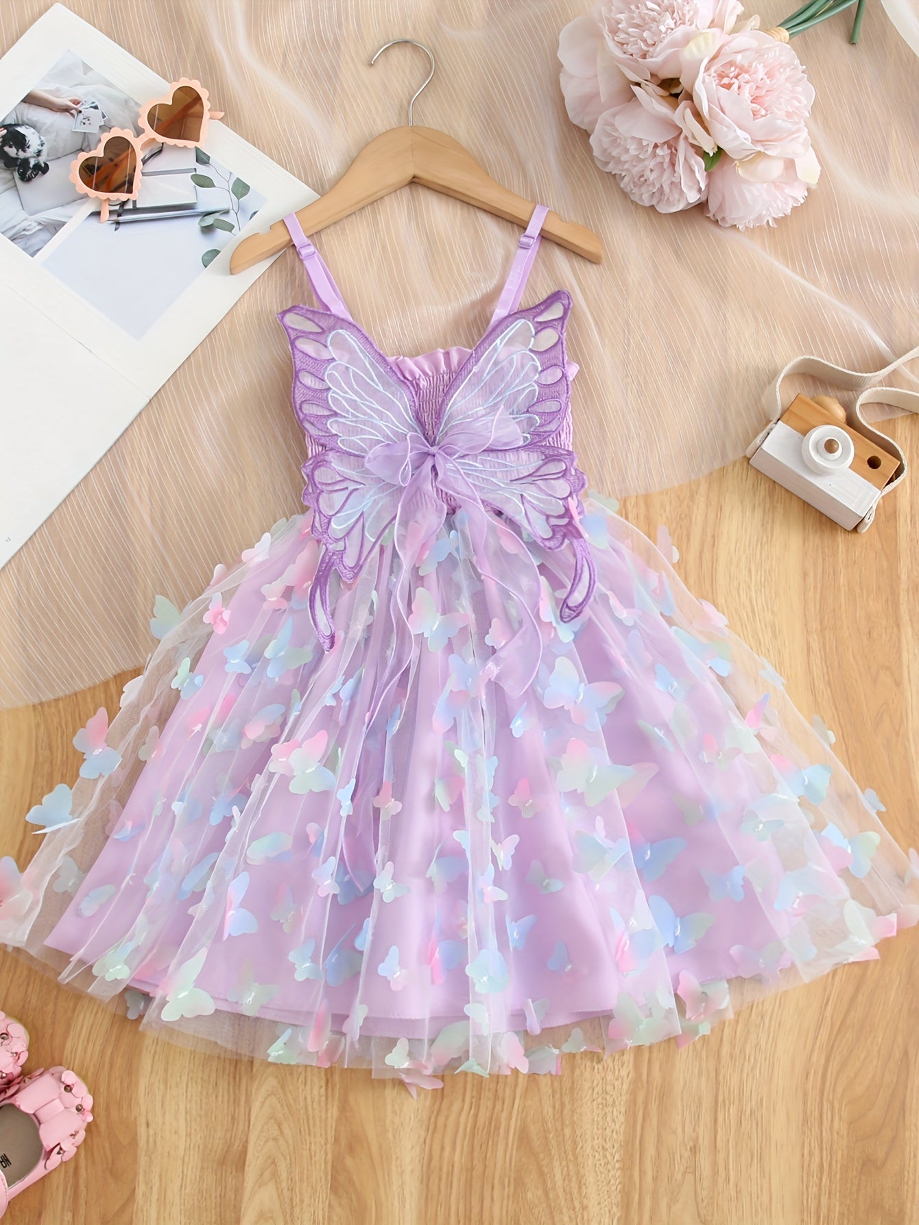 Enchanting Rainbow Butterfly Princess Dress for Girls - Elegant Sleeveless Mesh Tutu with Bow Detail, Perfect for Parties & Birthdays