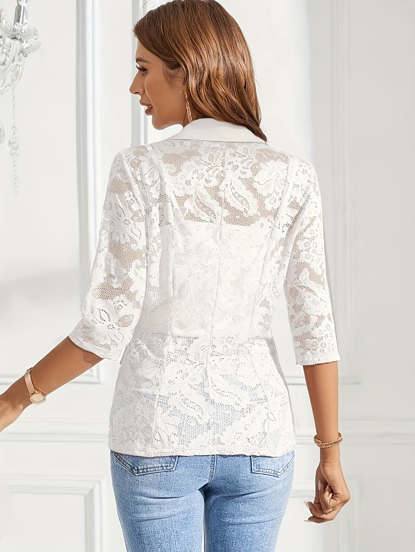 Women's Elegant Single-Breasted Blazer - Long Sleeve, Open Front, Smooth Polyester with Contrast Lace Detail, Lightweight 120g/m², Spring/Fall Office Wear | Sheer Design | Micro Elasticity
