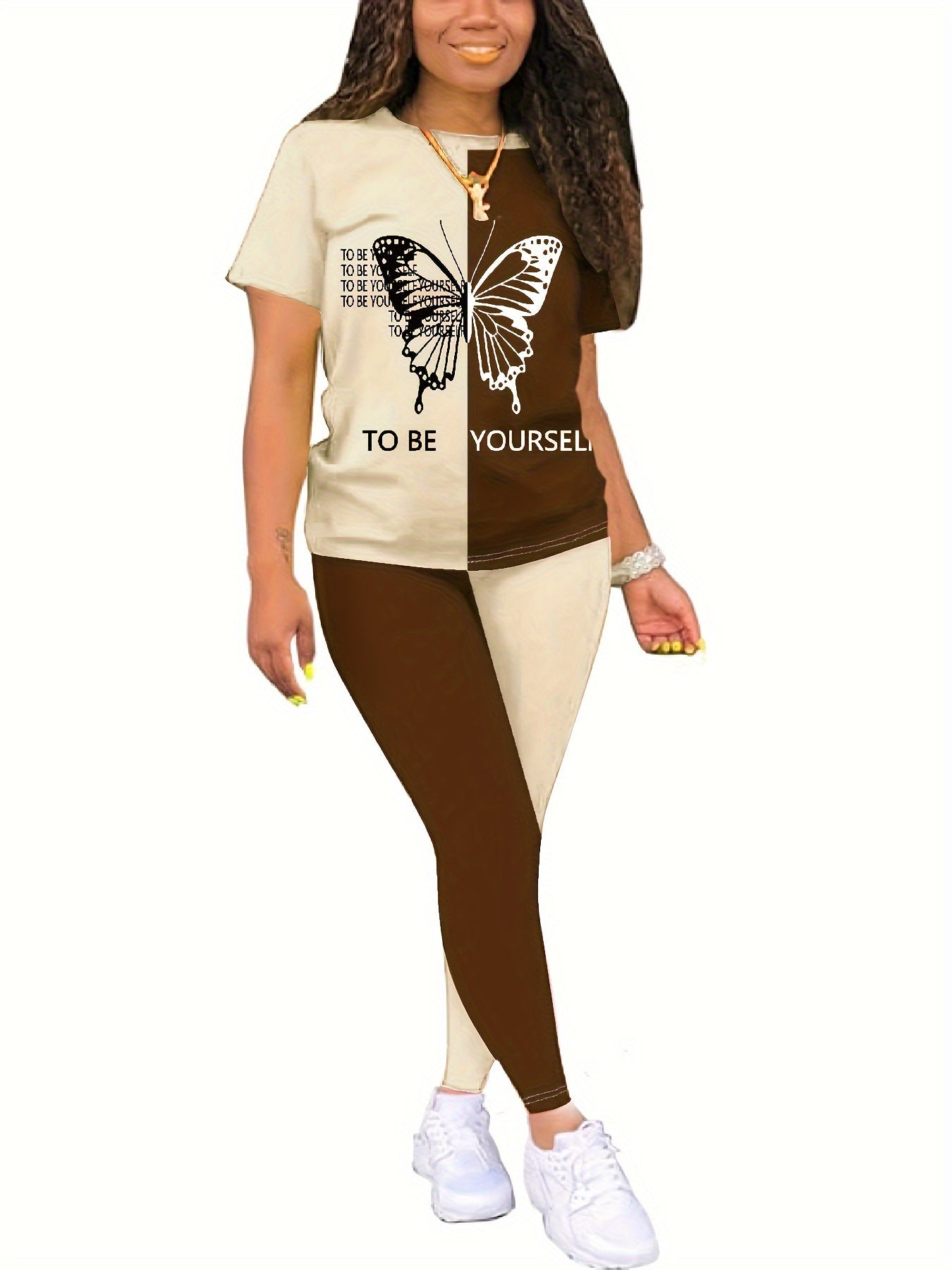 Color Block Matching Two-piece Set, Casual Short Sleeve T-shirt & Skinny Leggings Outfits, Women's Clothing