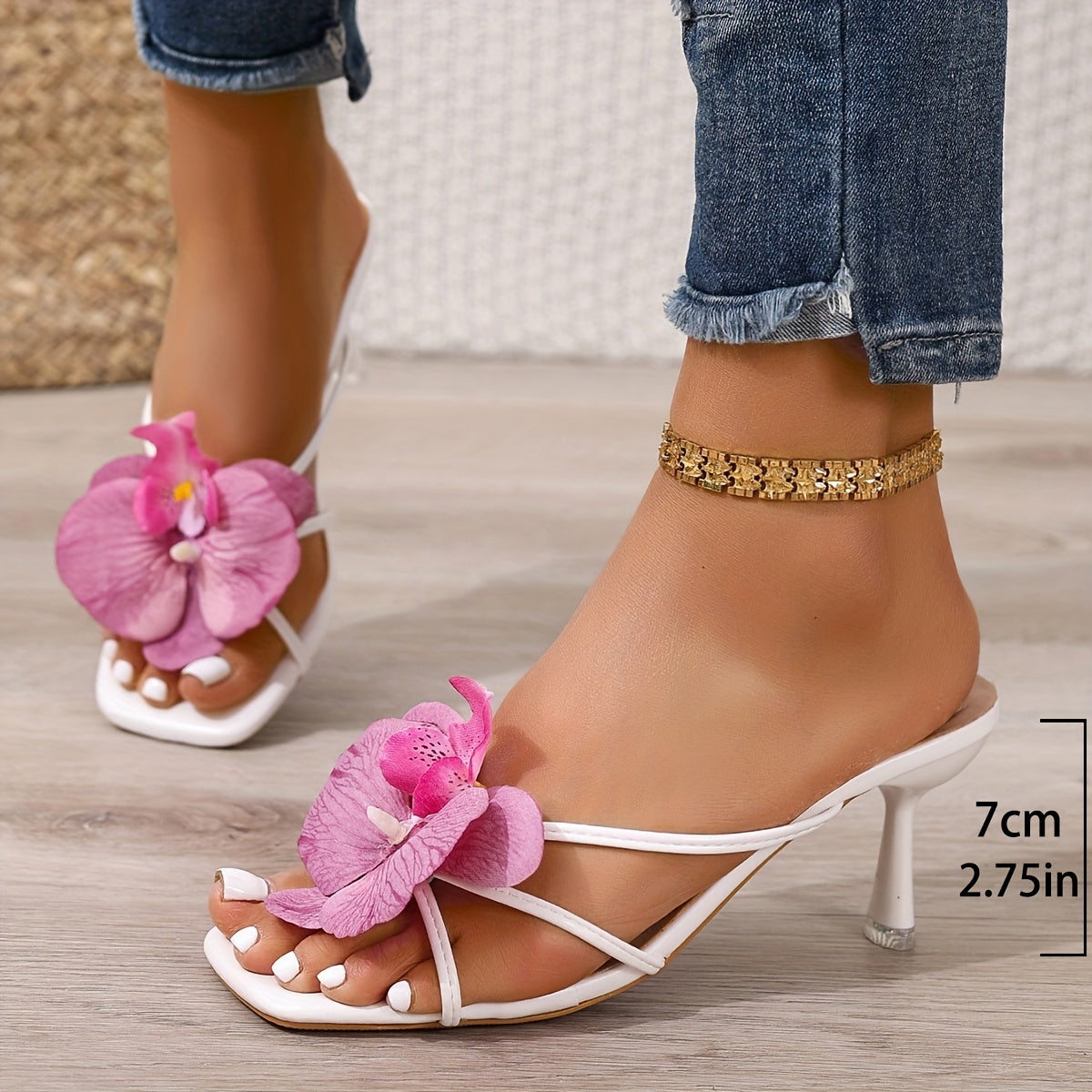 Women's Summer Rose Petal Open-Toe French Heel Sandals - Elegant Floral PU Cover Slip-On Shoes with Adjustable Straps & Comfortable Rubber Sole for Casual & Formal Events, Dressy Shoes