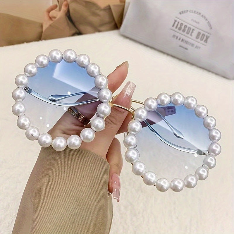 Retro Round-Frame Stylish Glasses with Imitation Pearl Accents And Colorful Ocean-Inspired Lenses - Perfect for Beach Parties And Outdoor Adventures
