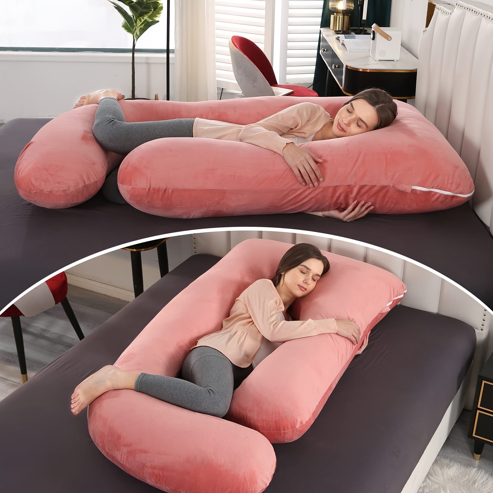 [Full Body Maternity Pillow] 60-inch Full Body Pillow - J-Shaped Maternity Pillow with Velvet Pillowcase - Back, Leg, and Tummy Support for Comfortable Sleep