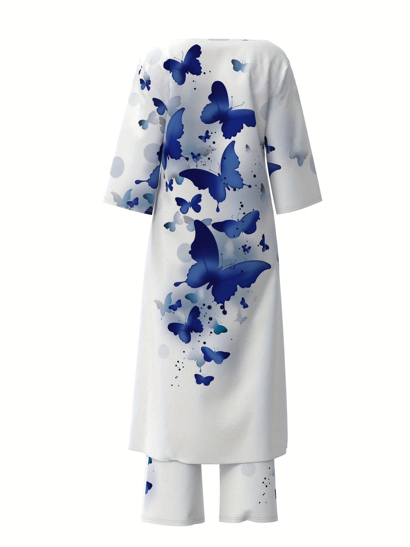 Tagged Women's Clothing, Vacation Style, Butterfly Pattern, Pants Set, Elastic Waist Pants, Long Design Top, Woven Print Pattern