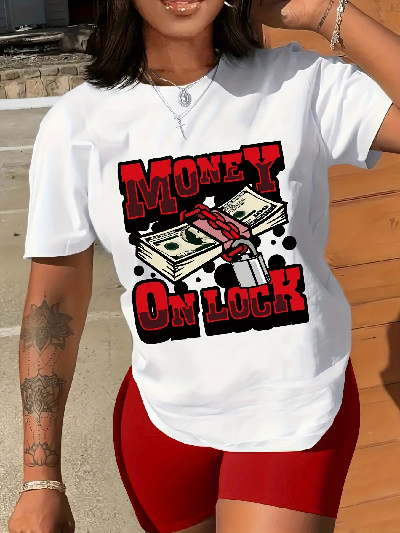 Dollar& Letter Print Crew Neck T-Shirt, Casual Short Sleeve T-Shirt For Spring& Summer, Women'S Clothing