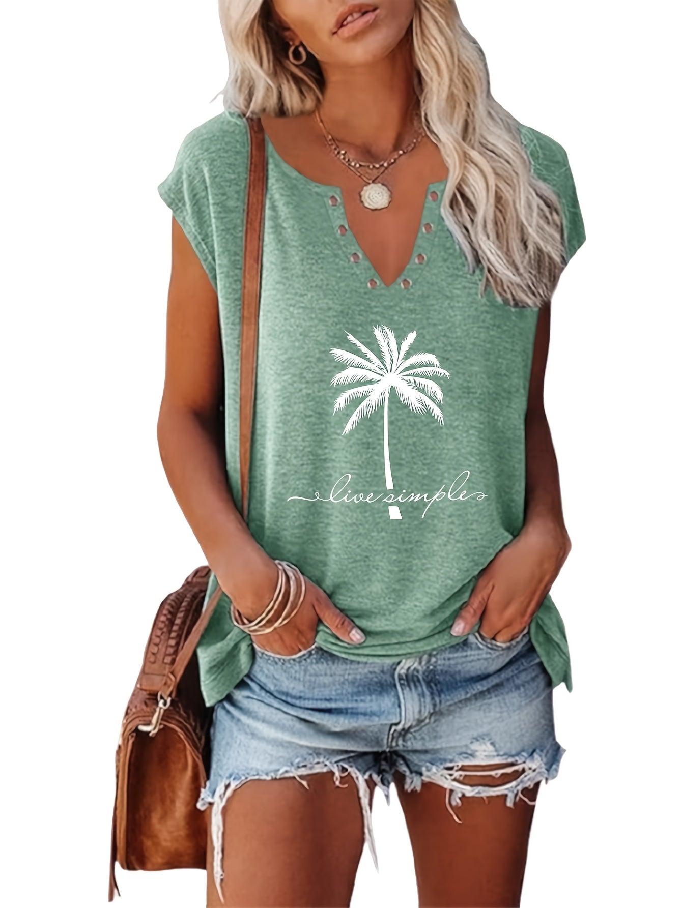 European & American Fashion Two-Piece Set – Printed V-Neck Button Vest & Matching Casual Bottoms, Lightweight Polyester-Rayon Blend