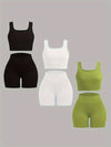 Women's 3-Pack Summer Outfit Set – Square Neck Crop Tank Top & High Waist Cropped Leggings, Casual Versatile Shorts Set