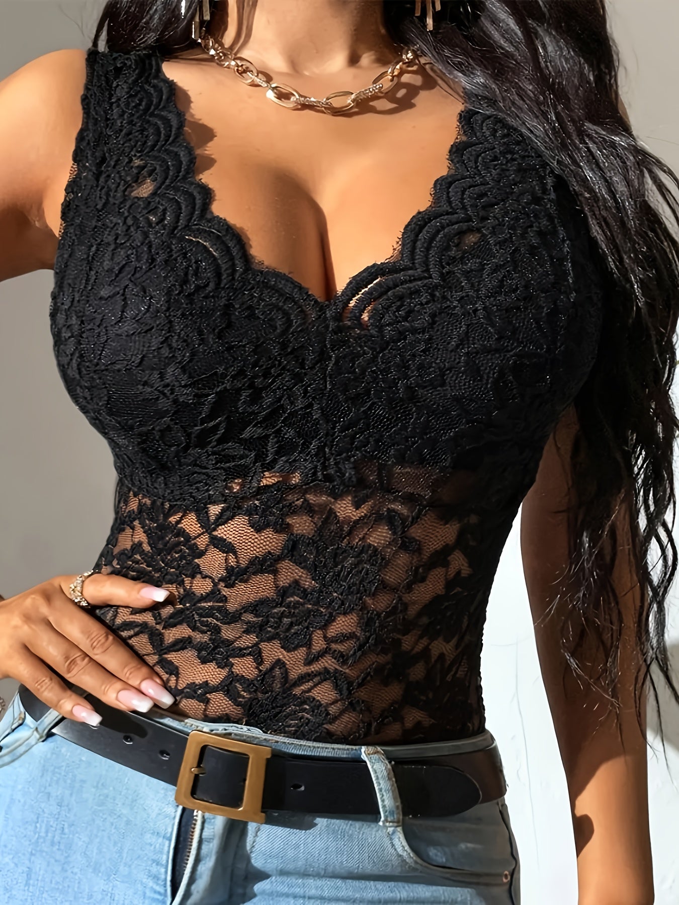 V-Neck Fashionable Lace Top for Women - Polyester, Sexy Style, Solid Color, Spring/Summer/Fall, Contrast Lace, Knit Fabric, Fabric Weight 140 g/m²