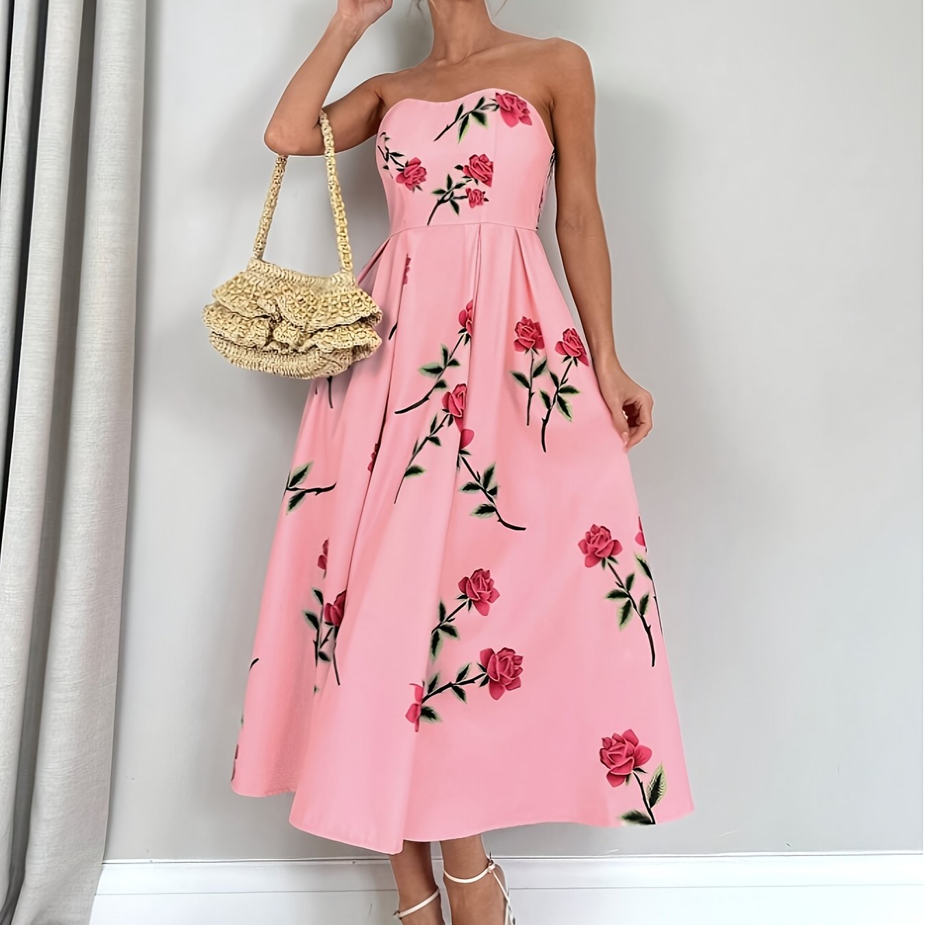 Women's Elegant Off-Shoulder A-Line Floral Print Rose Print Dress - Knee-Length with Ruffled Hem & Waist Tie, Machine Washable for Weddings, Parties, Graduations, Prom - Pink Floral Print Formal Evening Dress, Event Attire |