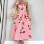 Women's Elegant Off-Shoulder A-Line Floral Print Rose Print Dress - Knee-Length with Ruffled Hem & Waist Tie, Machine Washable for Weddings, Parties, Graduations, Prom - Pink Floral Print Formal Evening Dress, Event Attire |