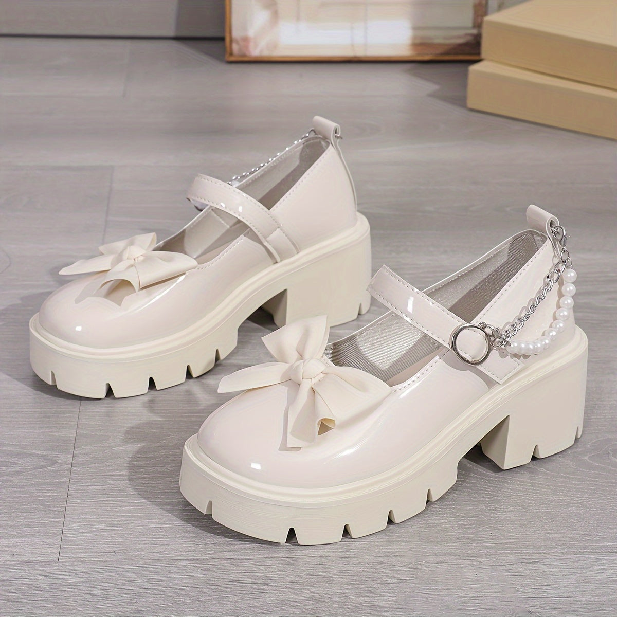Women’s Pearl-Embellished Patent Penny Loafers – Chunky Round Toe Slip-On Shoes with Glitter Detail & PVC Sole, Mesh Lined, All-Season Fashion Footwear