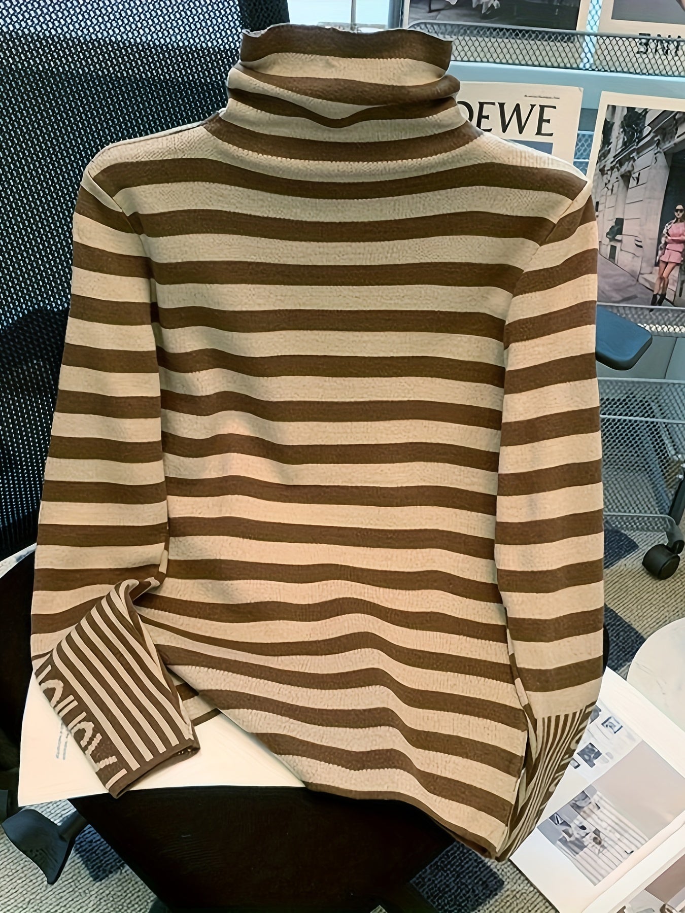 Striped Pattern Turtle Neck Sweater - Casual Long Sleeve Slim Fit Pullover Sweater for Fall & Winter - Women's Clothing - Soft & Cozy Fabric - Perfect Gift for Women