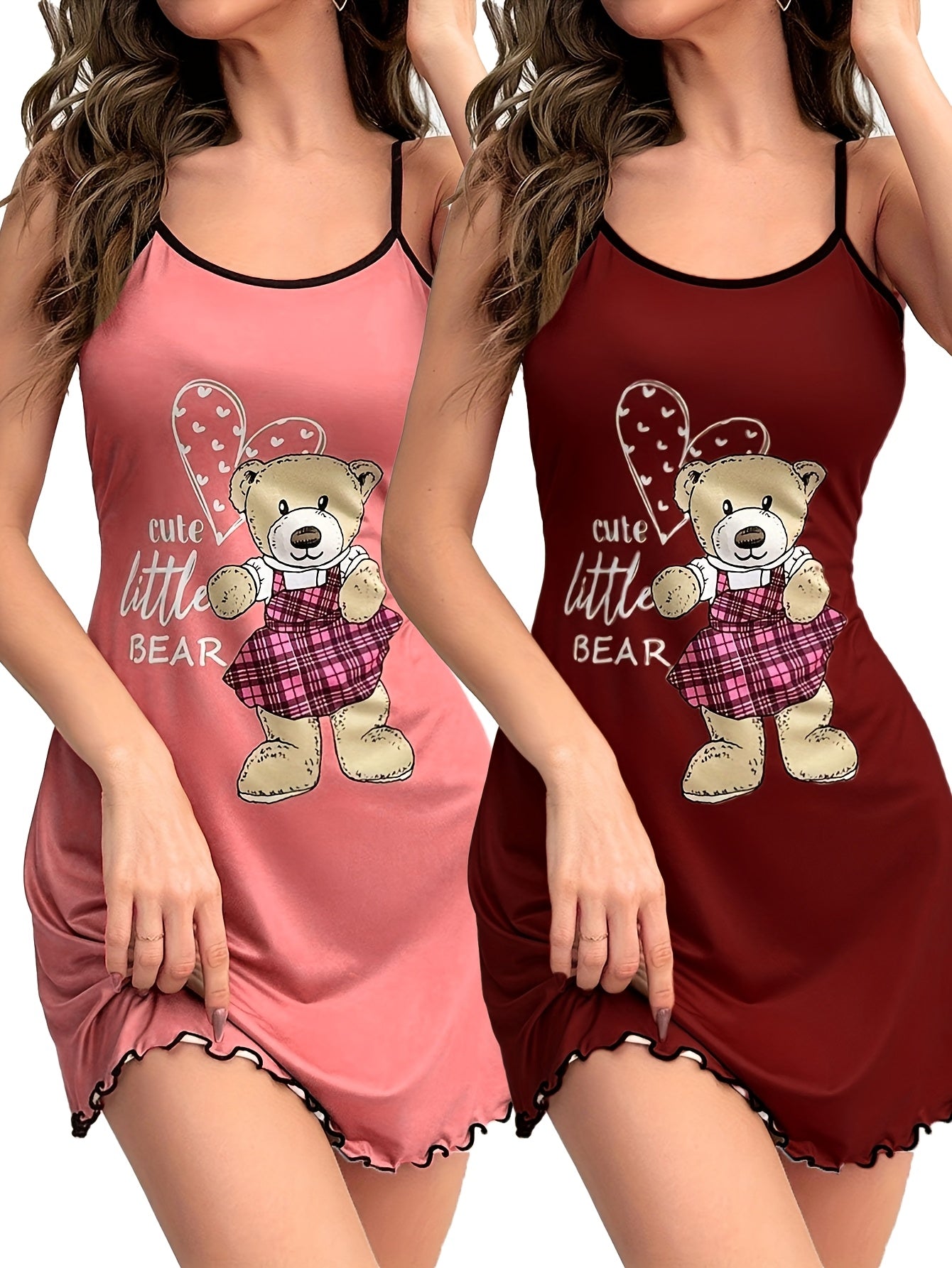 Two Pieces of Bear Print Pajamas, a Round-Neck Ruffled Edge Backless Camisole Dress, Women'S Sleepwear.