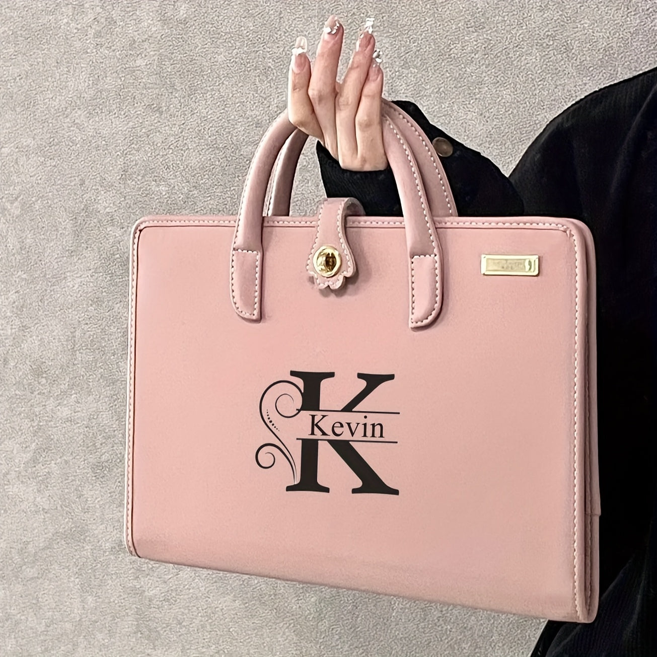 1 Pink PU Leather Laptop Tote Bag with Personalized Name, Floral Pattern, Magnetic Flap Closure, Portable Briefcase for Office and School