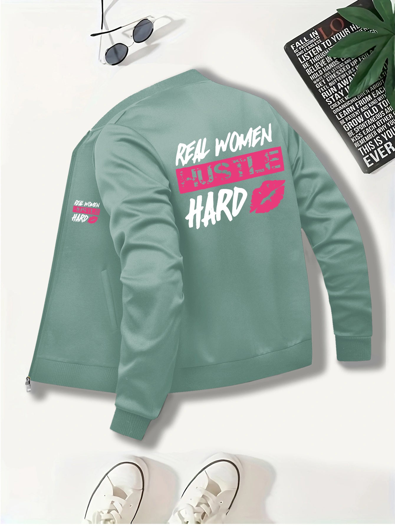 Everyday Comfort, Women's "Real Women Hustle Hard" Casual Bomber Jacket - Mint Green, Long Sleeve, Zip-Up with Pink Lips Graphic, Polyester Blend, Machine Washable, Motivational Apparel|Trendy Bomber Jacket|Smooth Texture Fab