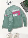 Everyday Comfort, Women's "Real Women Hustle Hard" Casual Bomber Jacket - Mint Green, Long Sleeve, Zip-Up with Pink Lips Graphic, Polyester Blend, Machine Washable, Motivational Apparel|Trendy Bomber Jacket|Smooth Texture Fab
