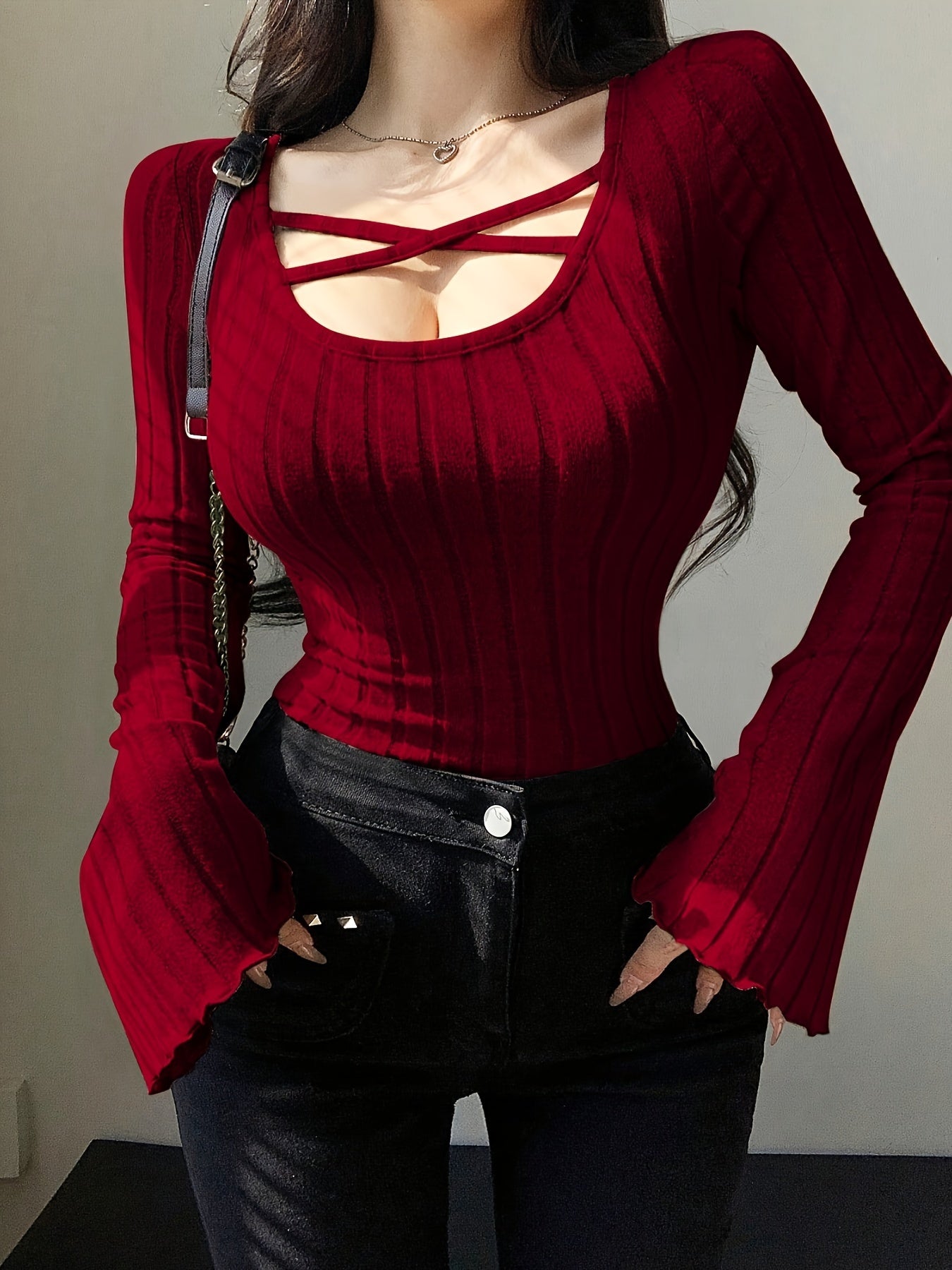 Crisscross Scoop Neck Skinny Top, Casual Solid Color Long Sleeve Ribbed Top For Spring & Fall, Women's Clothing