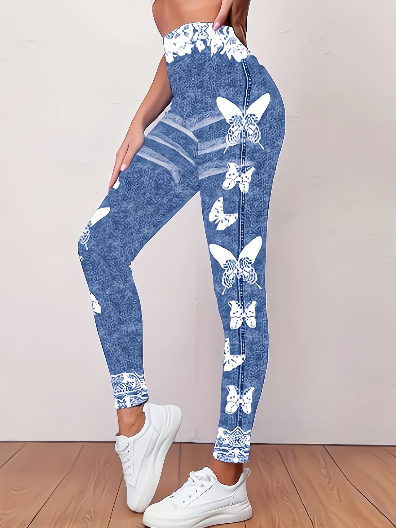 Women'S Fashion Butterfly Printed Faux Denim-Like Leggings, Elastic Waist Long Length Knit Fabric, Casual All-Season Polyester & Spandex Blend, Regular Fit Weekend Casual Joggers