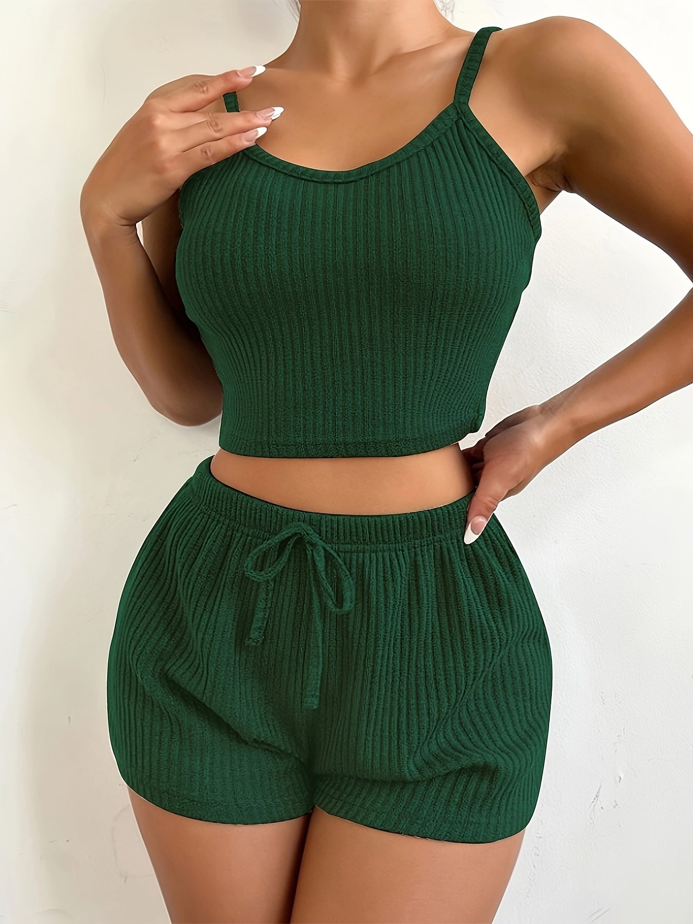Solid Ribbed Slim Fit Lounge Set, Casual Round Neck Crop Cami Top & Drawstring Shorts, Women's Loungewear