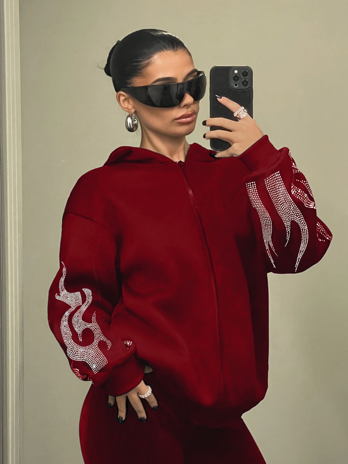 Women's Casual Hooded Sweatshirt with Geometric Pattern, Zip-Up Closure, Polyester and Spandex Blend, Machine Washable - All Seasons