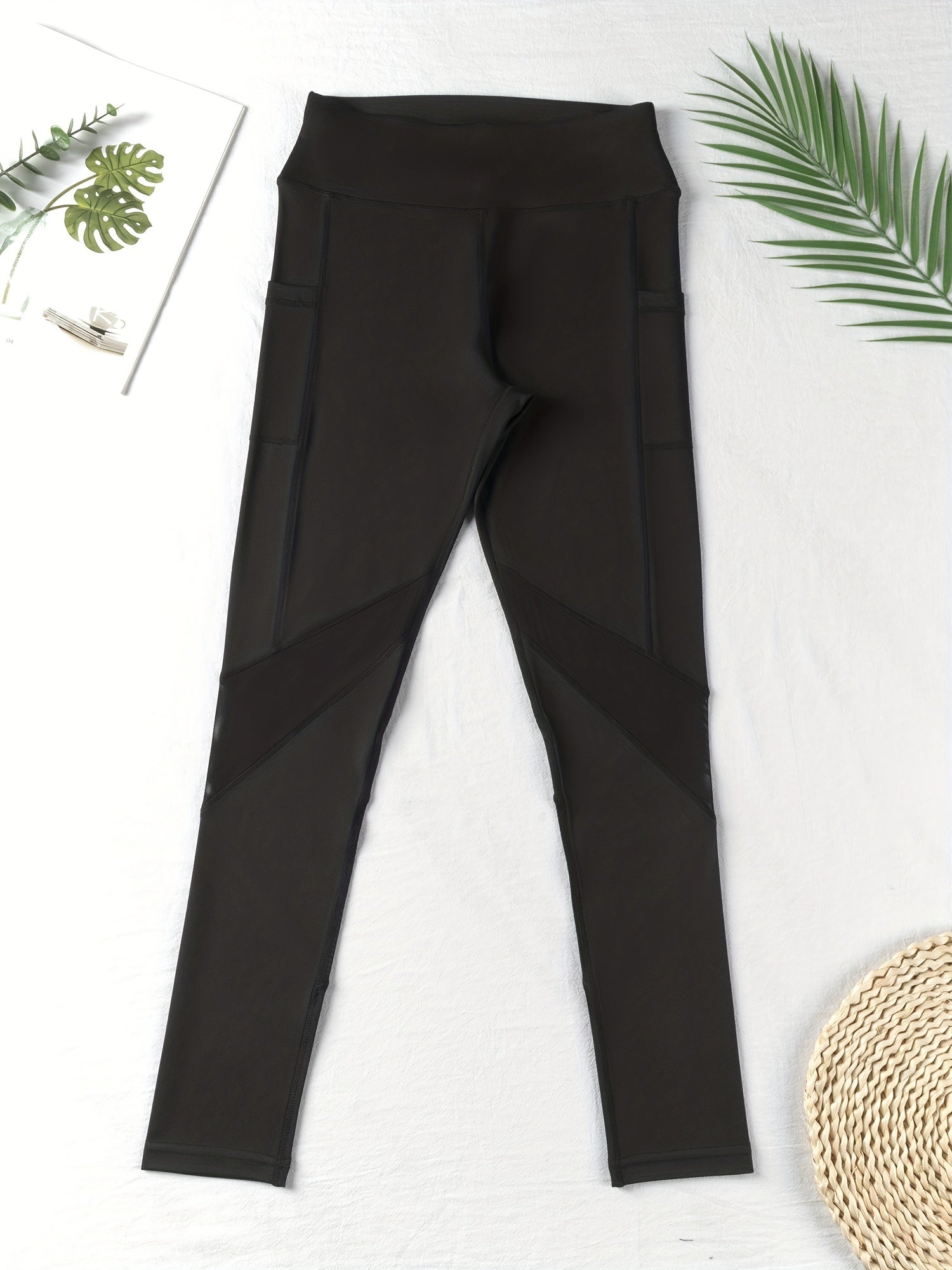 High-Waist Elegant Black Mesh Panel Yoga Leggings for Women - Stretchy & Comfortable, Slim Fit Ankle-Length Workout Pants with Phone Pocket, Machine Washable