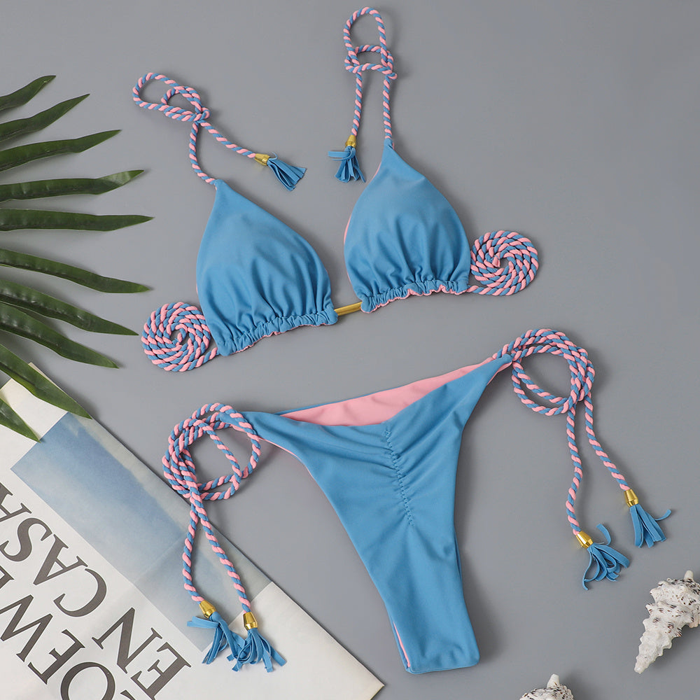 Triangle Halter Neck Bikini Sets, V Neck Tie Back Tie Side Backless High Cut Two Pieces Swimsuit, Women's Swimwear & Clothing Koningsdag/King's Day