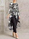 Geo Print Crew Neck Blouse, Casual Long Sleeve Asymmetrical Hem Top for Spring & Fall, Women's Clothing
