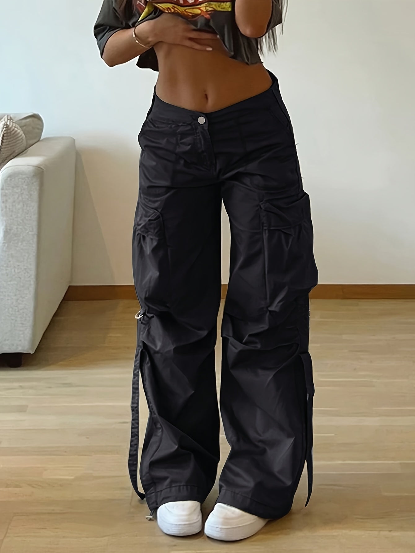 Women'S High-Waisted Loose Fit Cargo Pants - Y2K Inspired, 100% Polyester, Street Style with Flap Pockets & Tie Detail, Wide Leg Umbrella Design for Casual Wear, Perfect for All Season