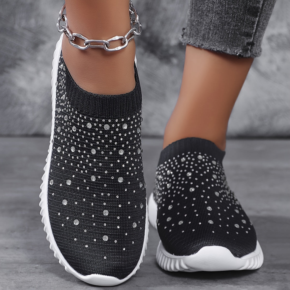 Women's Walking Sneakers With Rhinestone Decor, Breathable Fabric Casual Shoes, Comfortable Athletic Camp Shoes, Slip-on Trainer Footwear With Chunky Sole