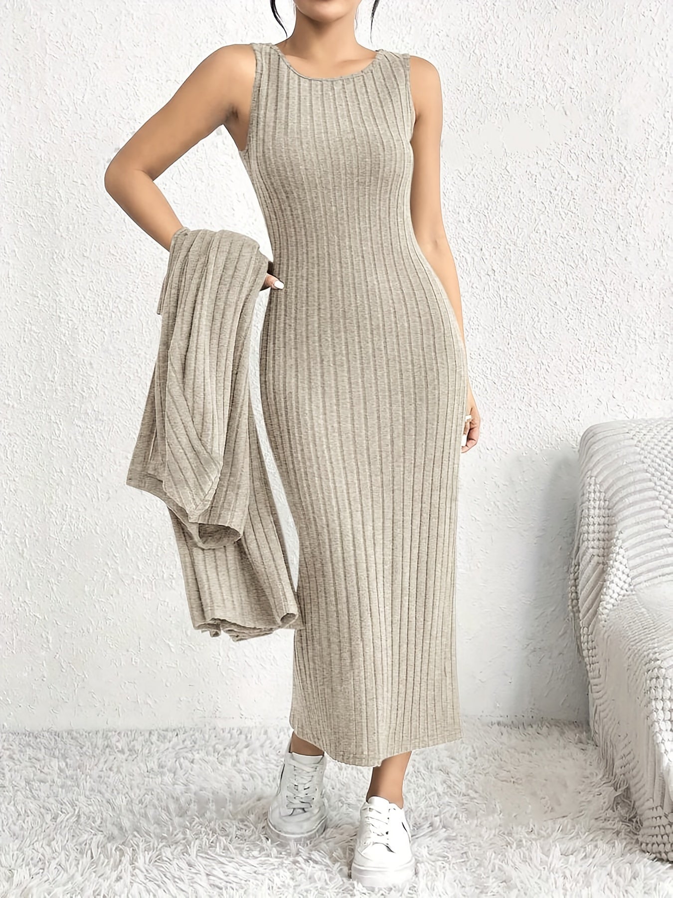 2pcs Set of Elegant Special Women's Ribbed Knit Long Sleeve Cardigan Dress