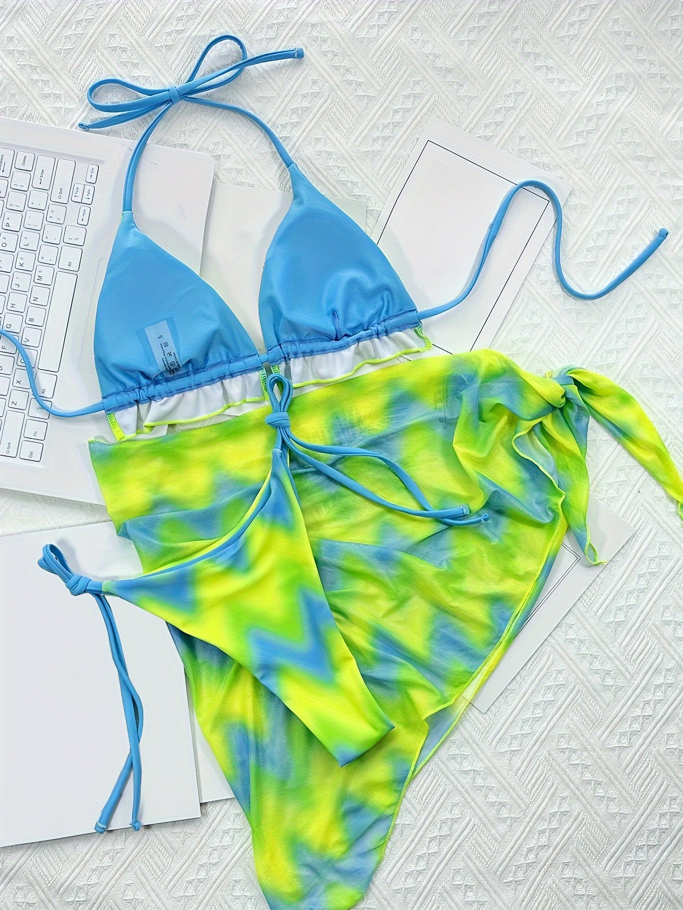 3pcs Sexy Tie Dye Bikini Set with Frill Trim, Halter Neck Triangle Bra, Thong Bottom & Beach Skirt, Removable Padding, High Stretch Knit Fabric, All-Season Swimwear