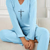 Women's Casual V-Neck Long Sleeve Pajama Set - Light Blue Ribbed Lounge Outfit with Print Cross Detail, Machine Washable, Ladies Pajama Sets
