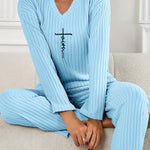 Women's Casual V-Neck Long Sleeve Pajama Set - Light Blue Ribbed Lounge Outfit with Print Cross Detail, Machine Washable, Ladies Pajama Sets