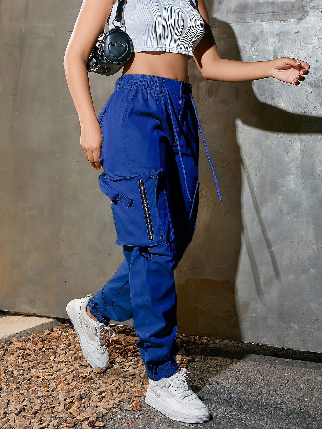 1pc Women'S Casual Cargo Pants, Polyester, Solid Color, All-Season Tapered Leg Workwear, 140g/m² Woven Fabric with 3D Pockets