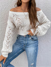 [Off-shoulder Pointelle Knit Sweater] Pointelle Knit Off-shoulder Crop Sweater, Casual Long Sleeve Sweater For Spring & Fall, Women's Clothing