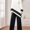 Elegant Stand Collar Asymmetric Hem Top and Pants Set for Women - Polyester Knit Fabric, Solid Color, All Seasons