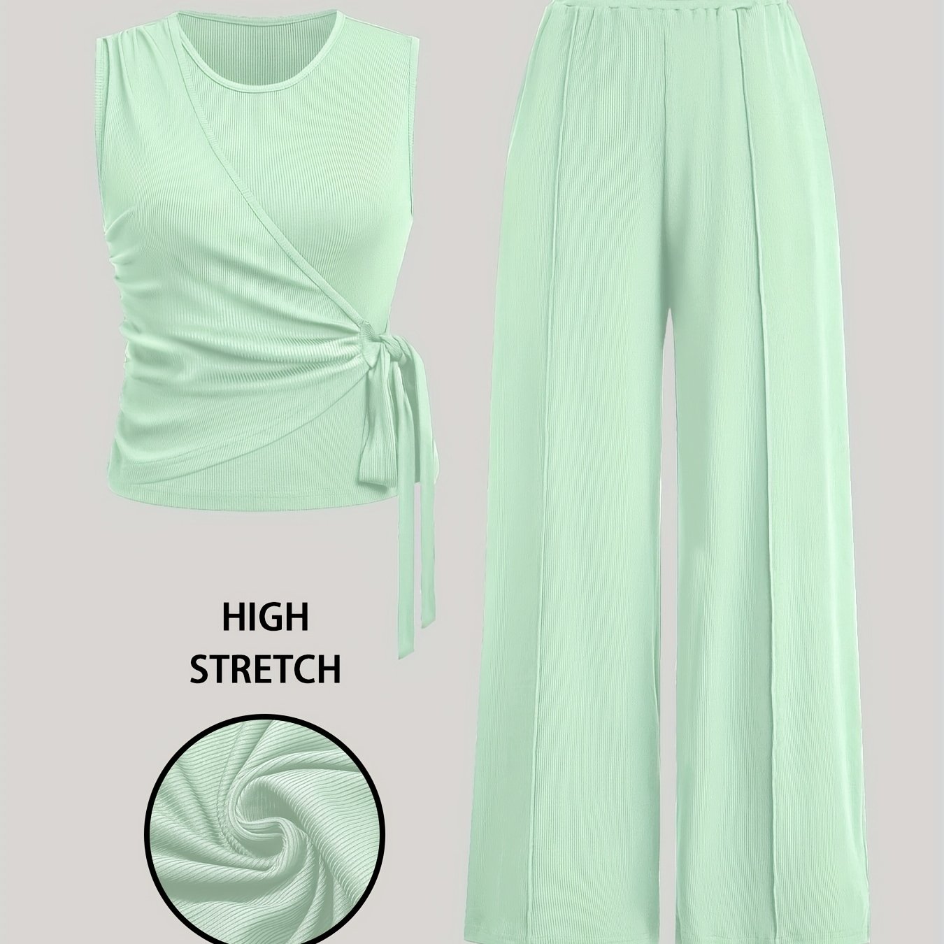 Elegant Women's Sleeveless Ribbed Top & Wide-Leg Pants Set – Bow Detail, Stretchy Knit Two-Piece Outfit for Spring/Summer