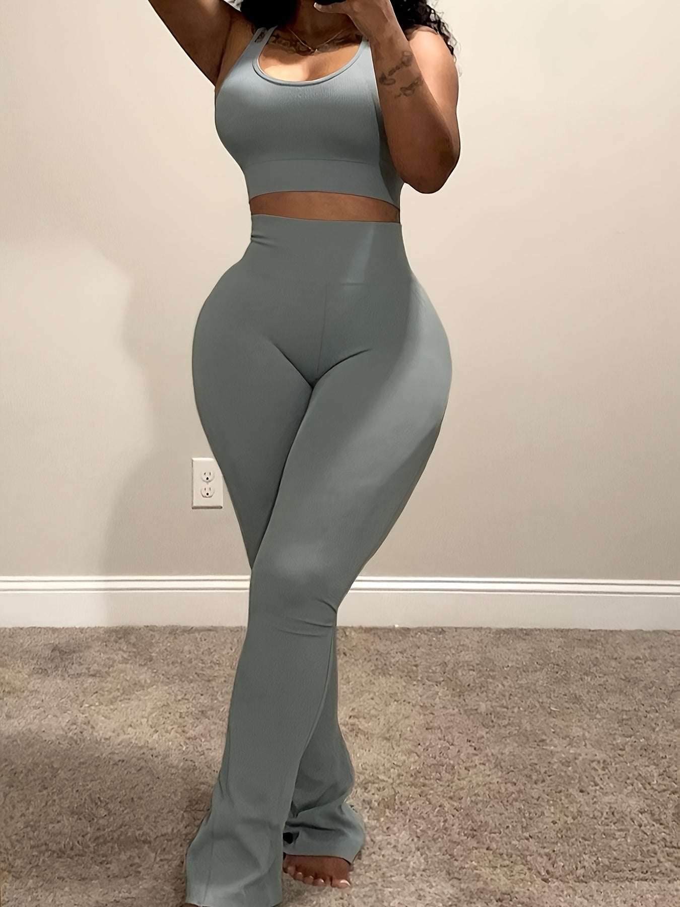 Women's Green 2-Piece Flare Yoga Pants & Sleeveless Crop Top Set – High-Waisted, Soft Stretch Activewear for Travel, Workouts & Casual Days