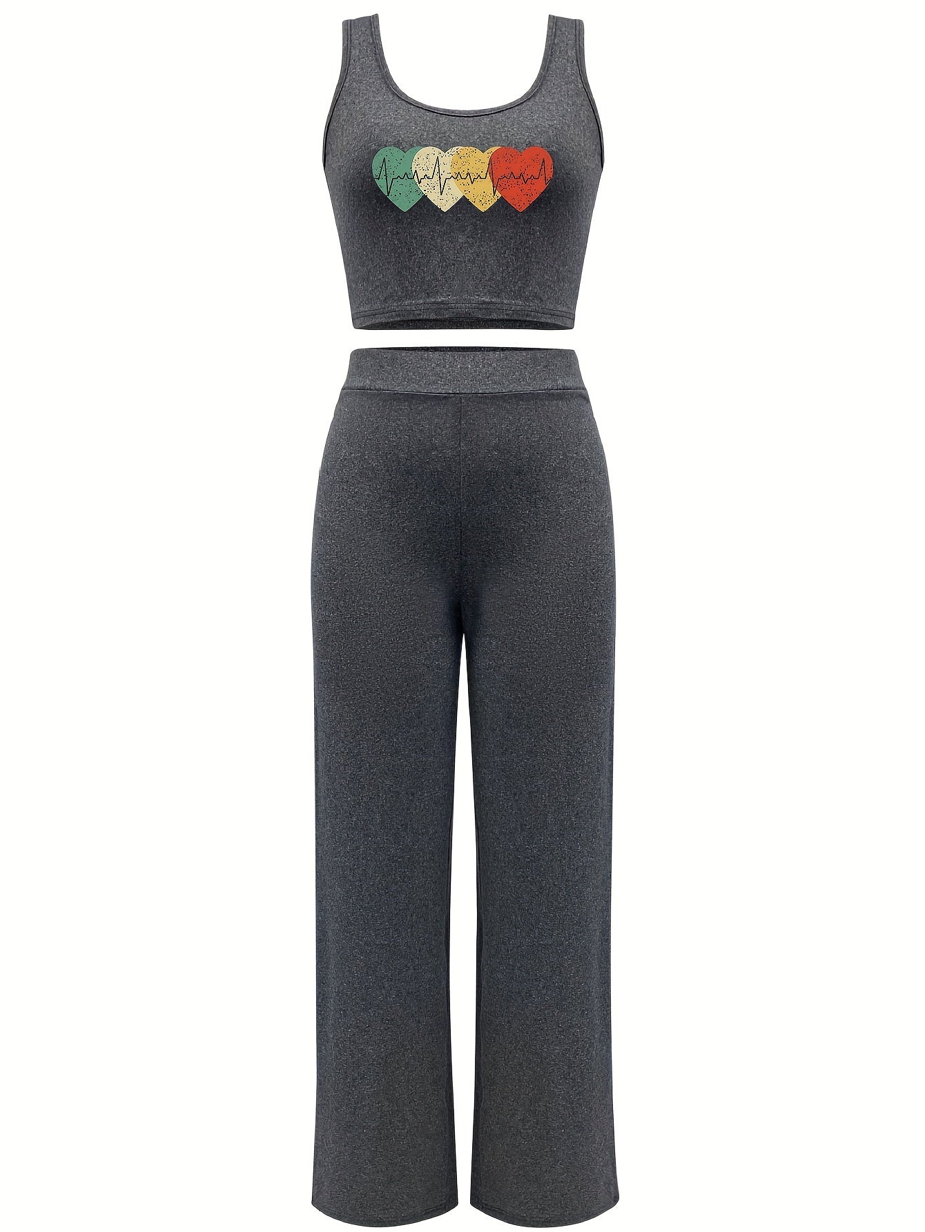 Chic Heart Pattern Casual Outfit for Women - Sleeveless Crop Top & High-Waist Pants Set, Stretchy Polyester Blend, Machine Washable