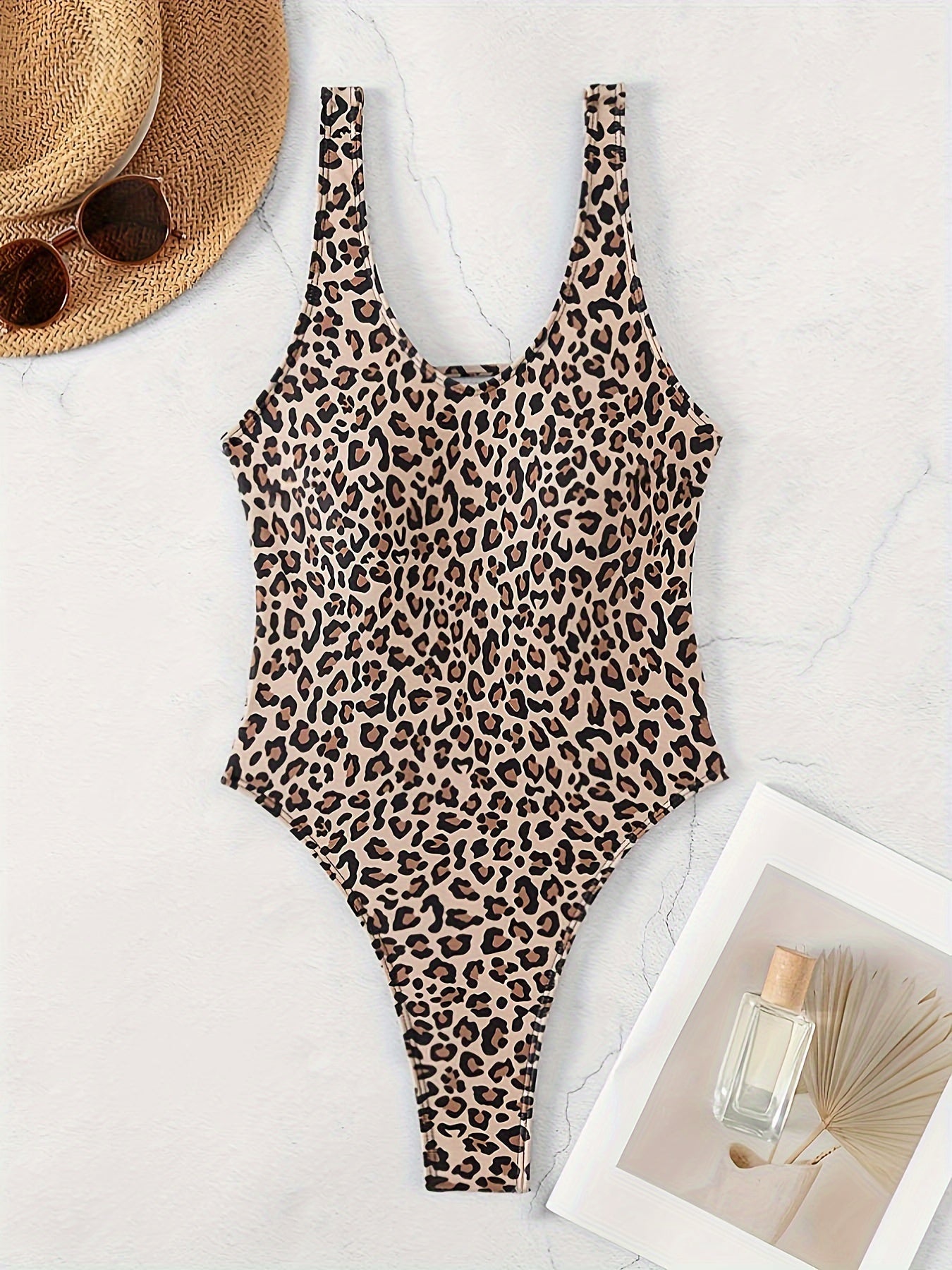 Leopard Print Backless High Cut One-piece Swimsuit, Scoop Neck Hollow Out Stretchy Hot Monokini Bathing Suits, Women's Swimwear & Clothing