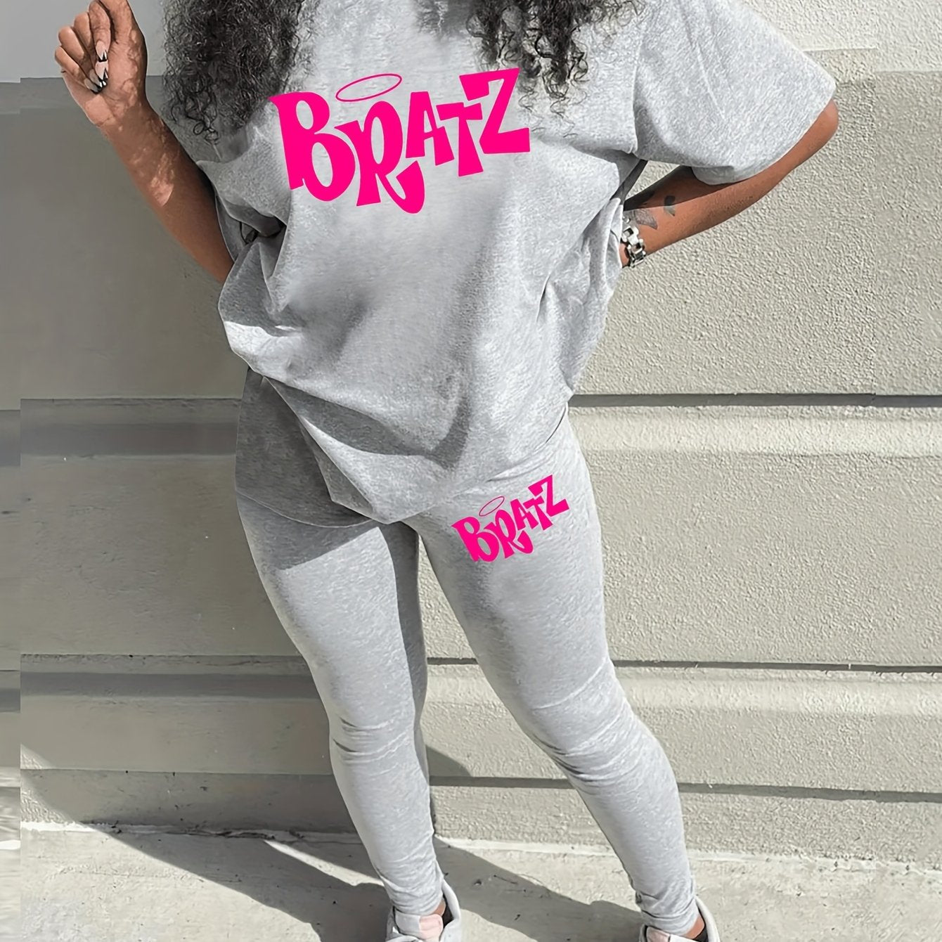 Bratz Letter Print Two-Piece Set – Women's Casual Short Sleeve Oversized T-Shirt & Skinny Pants Outfit for Spring/Summer