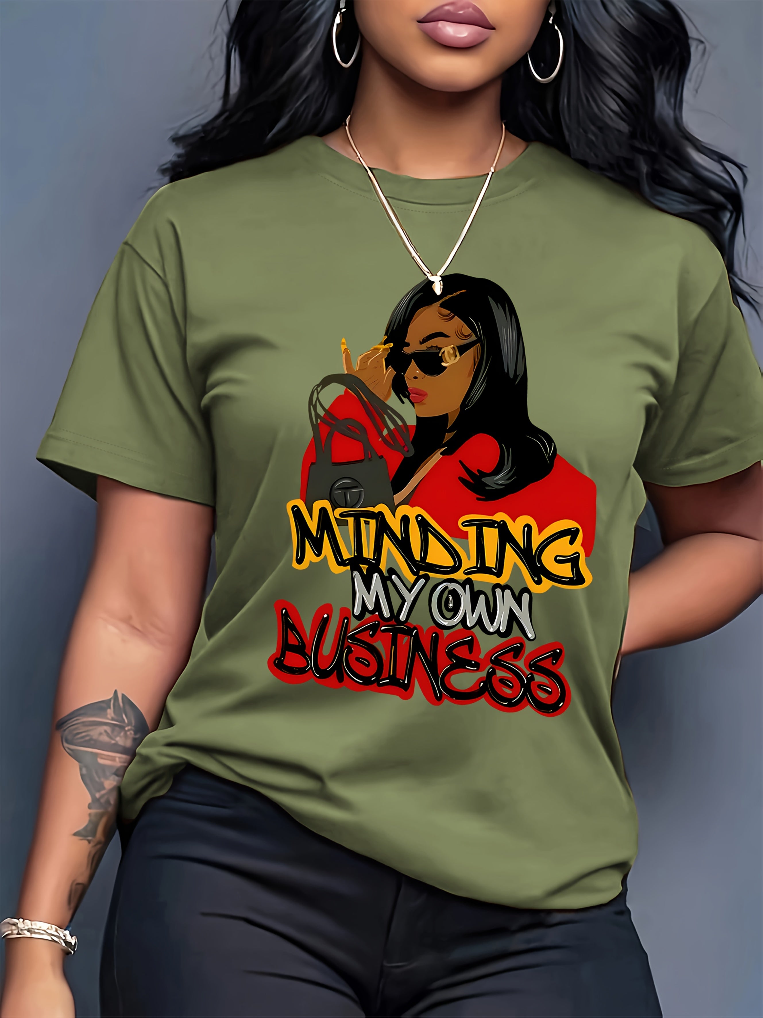 [Stylish T-Shirt] Polyester Women's Casual T-Shirt - Stylish Cartoon Character Print "MINDING MY OWN BUSINESS" Design, Machine Washable, All-Season Wear