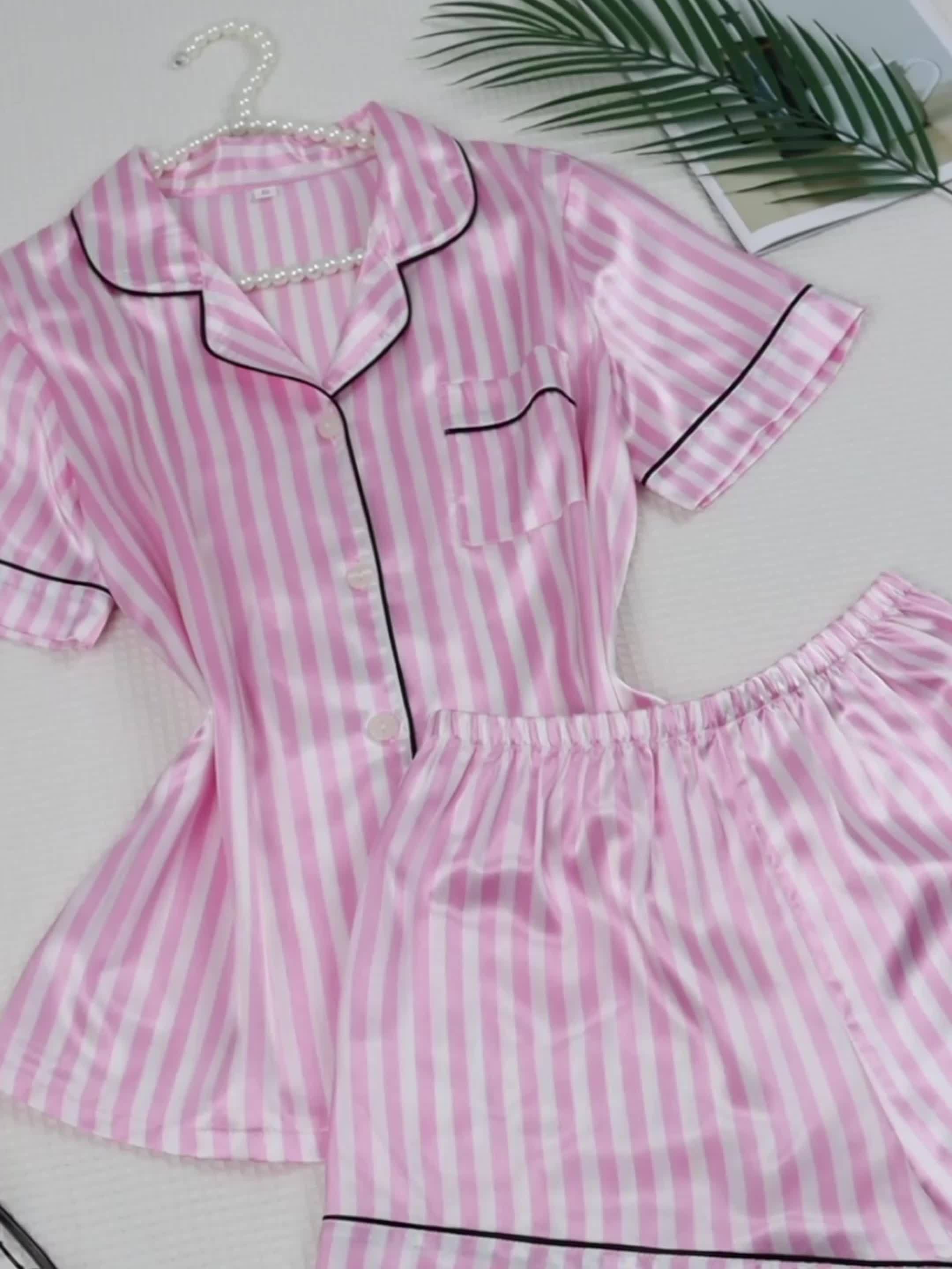 Stylish Women's Cardigan with Buttons, Stripes, Print, Turnover Collar, Short Sleeves, Shorts, Pajama Set, Home Wear Set