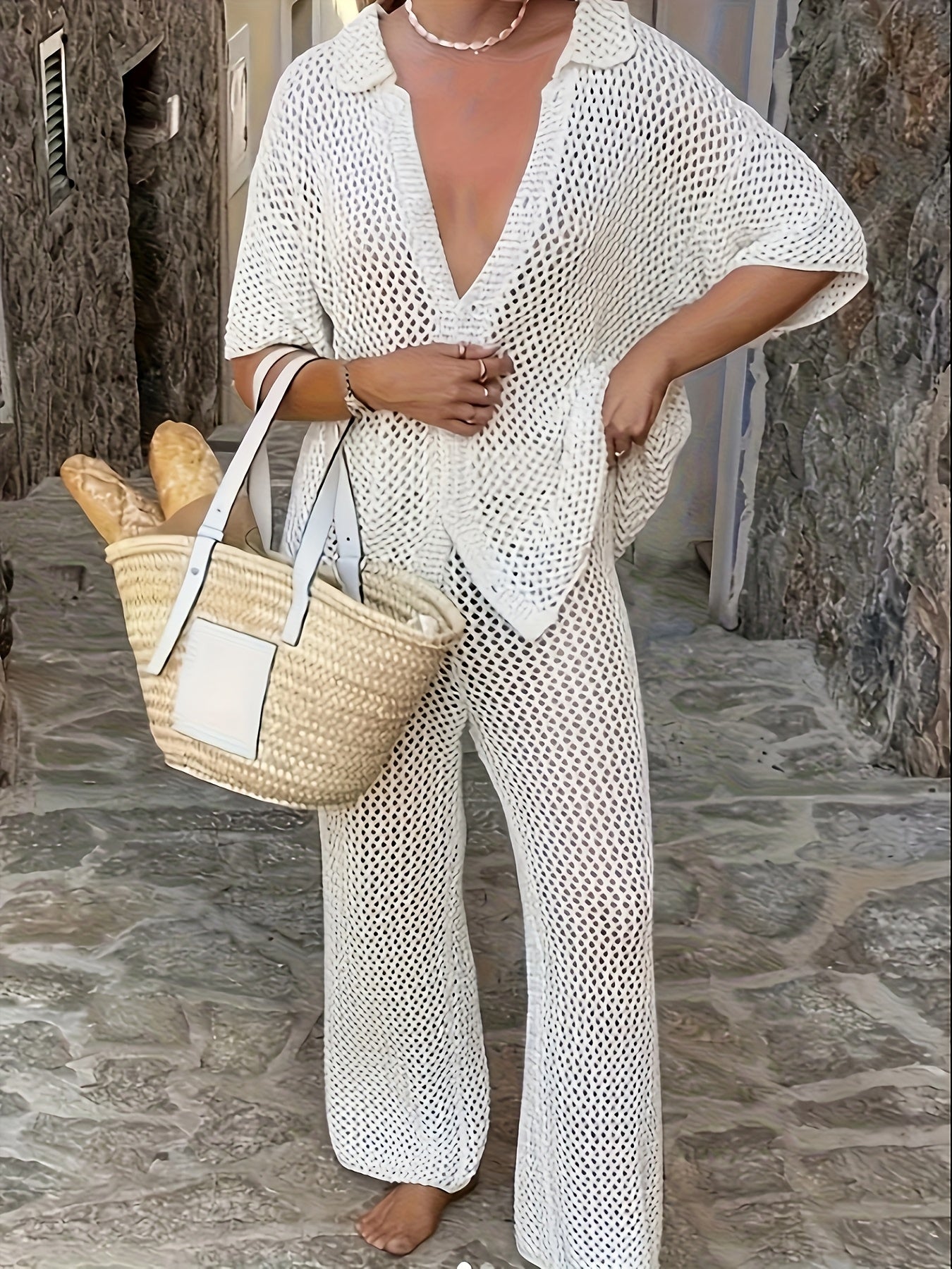 Women's Vacation Style Fashion Hollow Fabric Short Sleeve Shirt and Pants Set