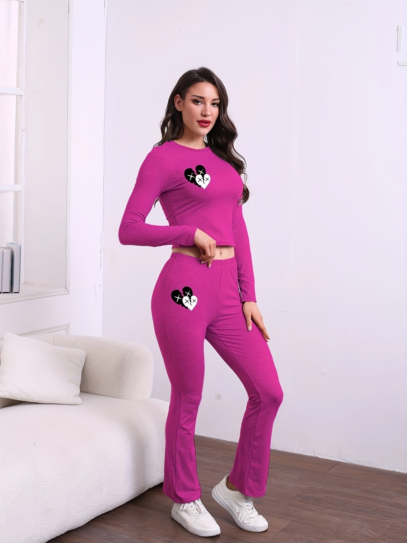Autumn and Winter Fashionable Slim Fit Printed Long Pants and Long Sleeve Two-Piece Set