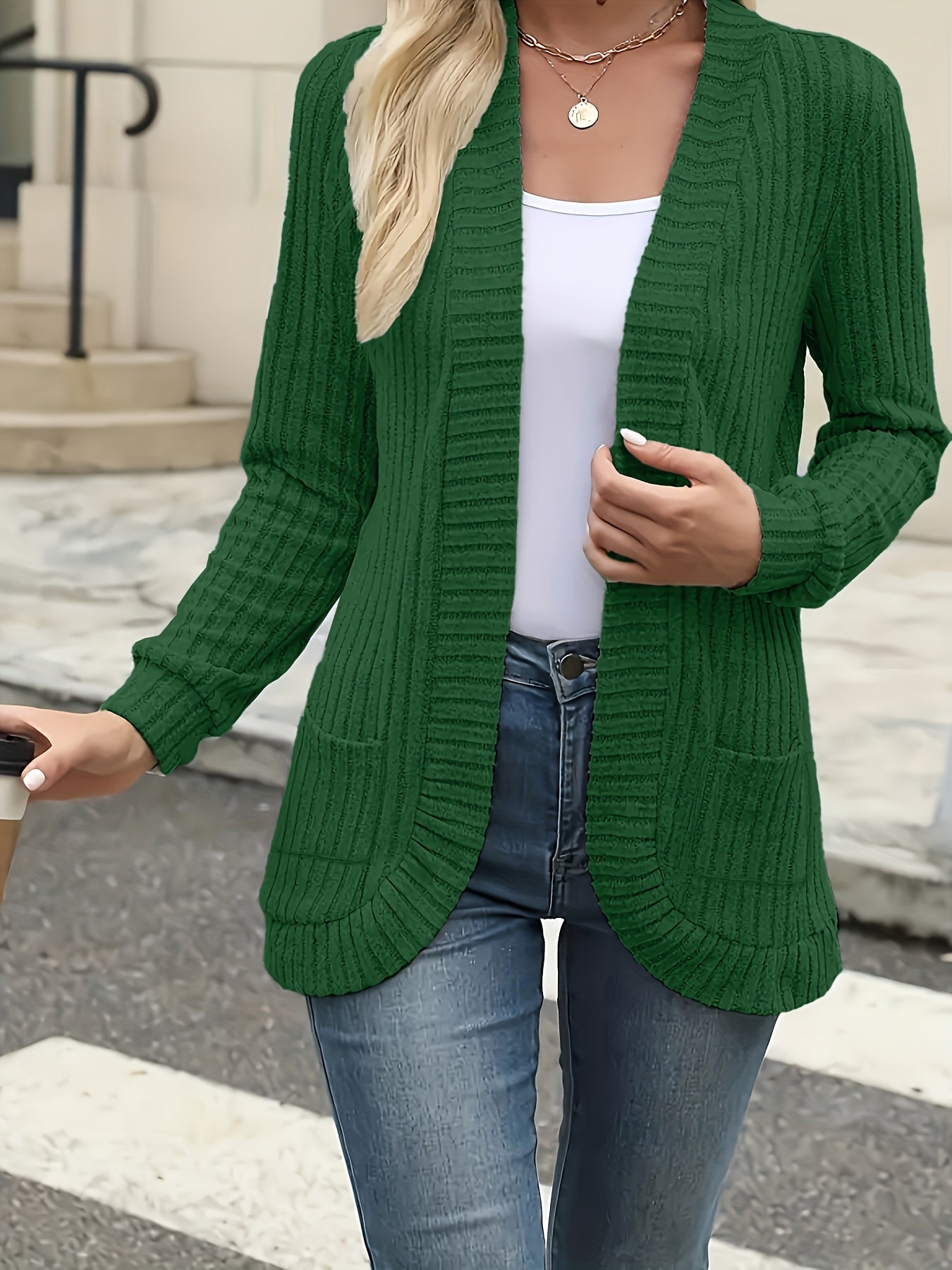 Elegant Women's Front-Button Cardigan - Medium Stretch Long Sleeve with Pleated Detail, Solid Green Machine-Washable Fall Winter Jacket, Regular Fit for Casual & Formal Outfits, Lightweight Cardigan, Winter Apparel, Open Fron