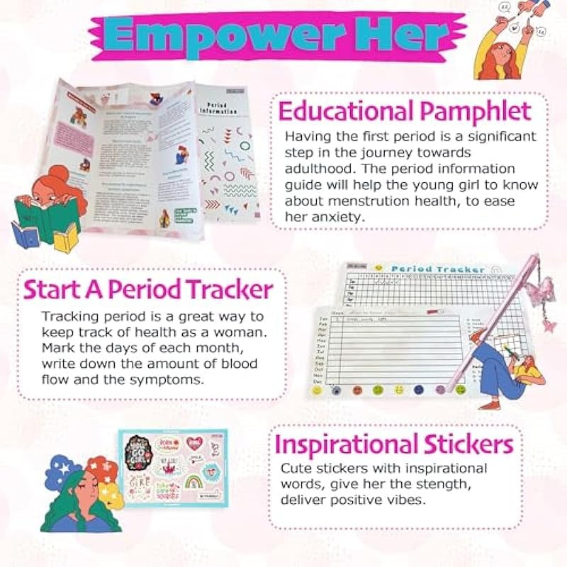 First Period kit for Girls 22 PC Period Packs for Young Girls First Time First Period Gift for Teen Girls with Sanitary Pad Storage Bag Wipes Bracelet Eye Mask Socks and More